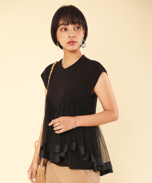 classicalelf（クラシカルエルフ）の「リボンテープ×チュールレースのカットソー（Tシャツ/カットソー・レディース・ブラック/ベージュ/モカ・MEDIUM/LARGE/X-LARGE）」の10枚目の写真