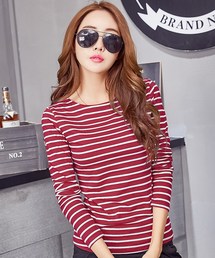 【至福のとろみ生地】長袖 ボーダー柄 クルーネック ロング Tシャツ レディース