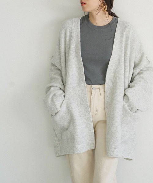 select MOCA（セレクトモカ）の「リンギングオーバーシルエットニットカーディガン/シンプルミドル丈ルーズカーディガン（カーディガン/ボレロ・レディース・ベージュ/ヘザーグレー・FREE）」の5枚目の写真