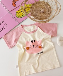 【aimoha-KIDS-】かわいい動物イラストプリント 袖切り替え半袖tシャツ (SS)