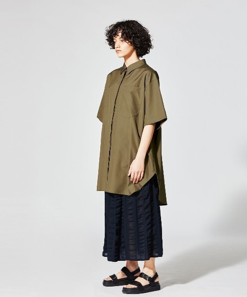 「MIDIUMISOLID」 半袖シャツ FREE オリーブ レディース MARcourt｜MIDIUMISOLID for Ladies ワイドライトシャツ