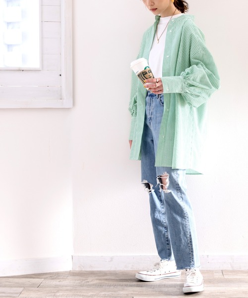 classicalelf（クラシカルエルフ）の「Happyストライプ。サッカー素材バンドカラーオーバーシャツ（シャツ/ブラウス・レディース・ピンクベージュ/グリーン/ネイビー・SMALL/MEDIUM/LARGE/X-LARGE）」の15枚目の写真