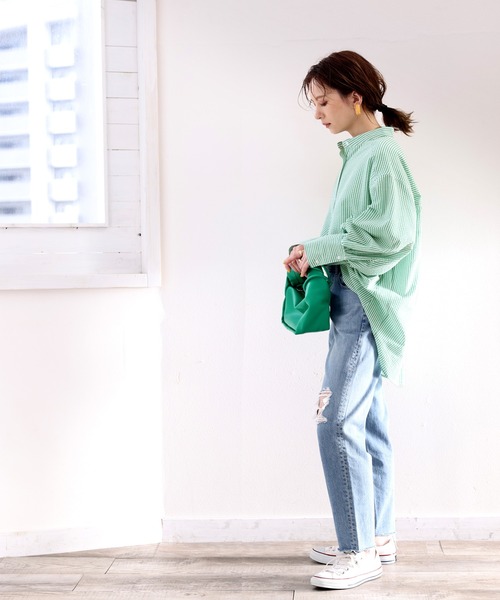 classicalelf（クラシカルエルフ）の「Happyストライプ。サッカー素材バンドカラーオーバーシャツ（シャツ/ブラウス・レディース・ピンクベージュ/グリーン/ネイビー・SMALL/MEDIUM/LARGE/X-LARGE）」の16枚目の写真