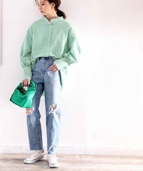 classicalelf（クラシカルエルフ）の「Happyストライプ。サッカー素材バンドカラーオーバーシャツ（シャツ/ブラウス・レディース・ピンクベージュ/グリーン/ネイビー・SMALL/MEDIUM/LARGE/X-LARGE）」の17枚目の写真