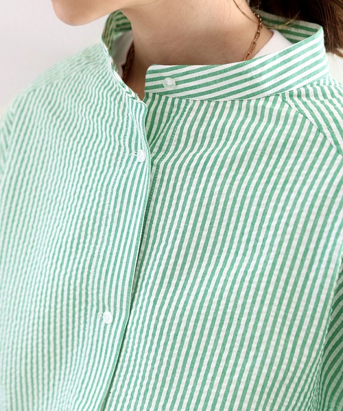 classicalelf（クラシカルエルフ）の「Happyストライプ。サッカー素材バンドカラーオーバーシャツ（シャツ/ブラウス・レディース・ピンクベージュ/グリーン/ネイビー・SMALL/MEDIUM/LARGE/X-LARGE）」の18枚目の写真