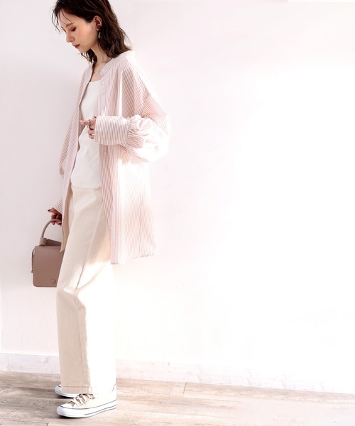 classicalelf（クラシカルエルフ）の「Happyストライプ。サッカー素材バンドカラーオーバーシャツ（シャツ/ブラウス・レディース・ピンクベージュ/グリーン/ネイビー・SMALL/MEDIUM/LARGE/X-LARGE）」の6枚目の写真