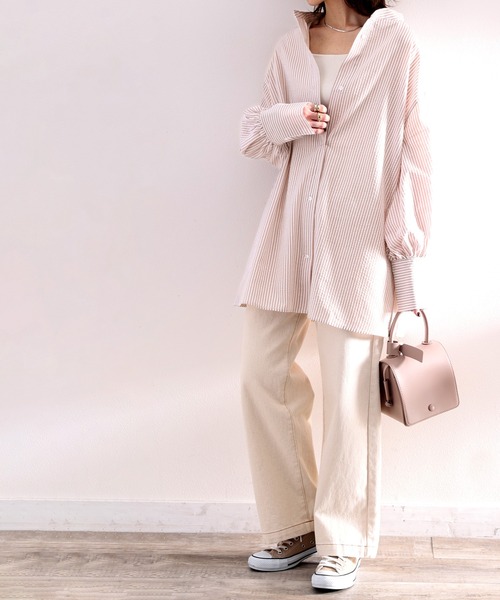 classicalelf（クラシカルエルフ）の「Happyストライプ。サッカー素材バンドカラーオーバーシャツ（シャツ/ブラウス・レディース・ピンクベージュ/グリーン/ネイビー・SMALL/MEDIUM/LARGE/X-LARGE）」の7枚目の写真