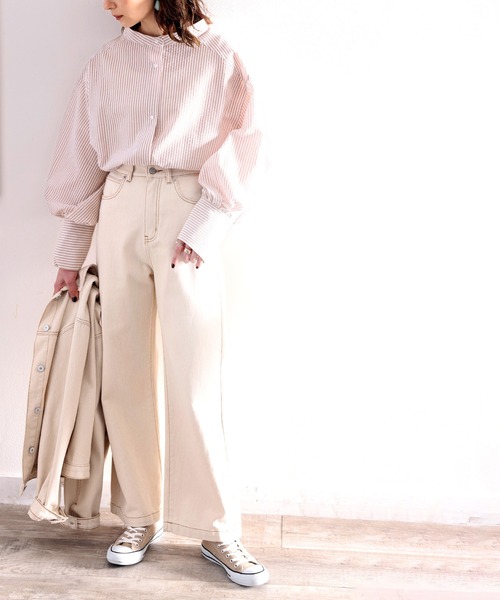 classicalelf（クラシカルエルフ）の「Happyストライプ。サッカー素材バンドカラーオーバーシャツ（シャツ/ブラウス・レディース・ピンクベージュ/グリーン/ネイビー・SMALL/MEDIUM/LARGE/X-LARGE）」の5枚目の写真