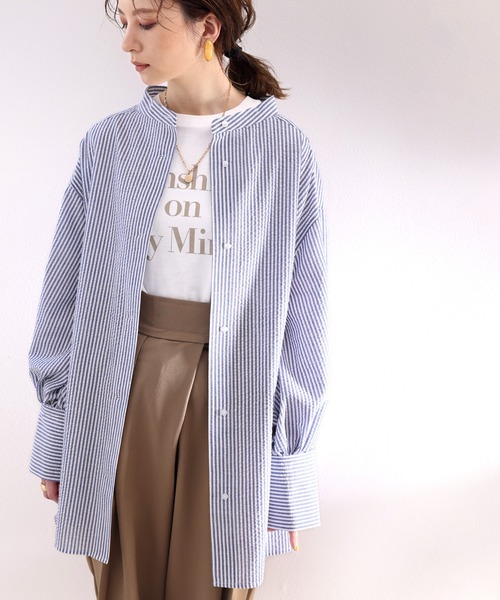 classicalelf（クラシカルエルフ）の「Happyストライプ。サッカー素材バンドカラーオーバーシャツ（シャツ/ブラウス・レディース・ピンクベージュ/グリーン/ネイビー・SMALL/MEDIUM/LARGE/X-LARGE）」の10枚目の写真