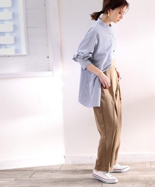 classicalelf（クラシカルエルフ）の「Happyストライプ。サッカー素材バンドカラーオーバーシャツ（シャツ/ブラウス・レディース・ピンクベージュ/グリーン/ネイビー・SMALL/MEDIUM/LARGE/X-LARGE）」の11枚目の写真