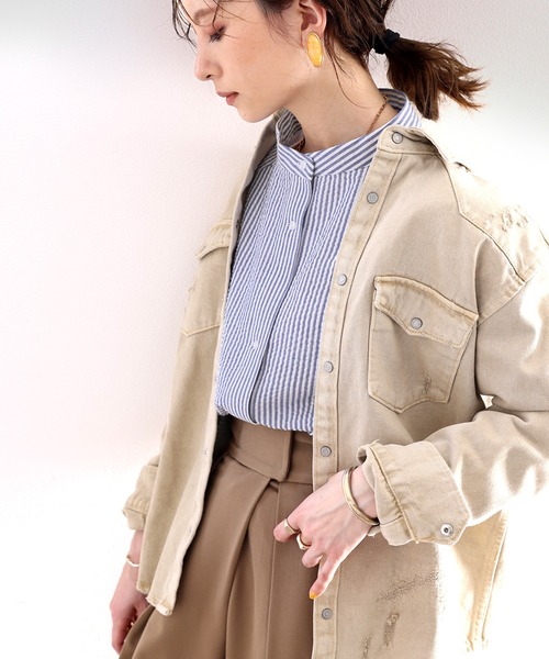 classicalelf（クラシカルエルフ）の「Happyストライプ。サッカー素材バンドカラーオーバーシャツ（シャツ/ブラウス・レディース・ピンクベージュ/グリーン/ネイビー・SMALL/MEDIUM/LARGE/X-LARGE）」の13枚目の写真