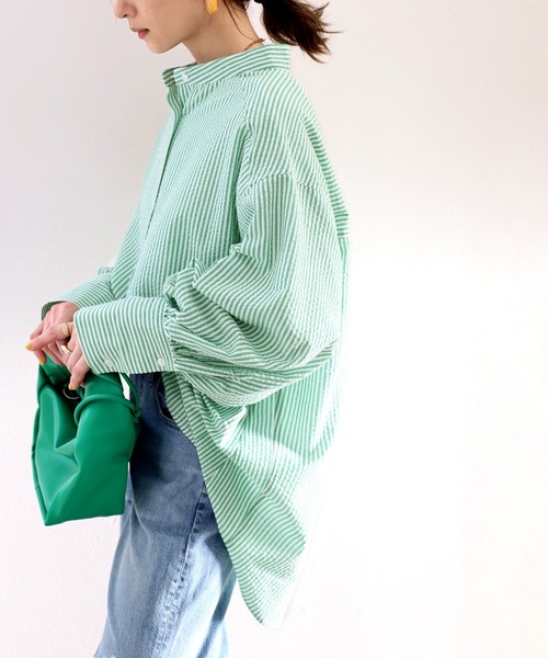 classicalelf（クラシカルエルフ）の「Happyストライプ。サッカー素材バンドカラーオーバーシャツ（シャツ/ブラウス・レディース・ピンクベージュ/グリーン/ネイビー・SMALL/MEDIUM/LARGE/X-LARGE）」の14枚目の写真