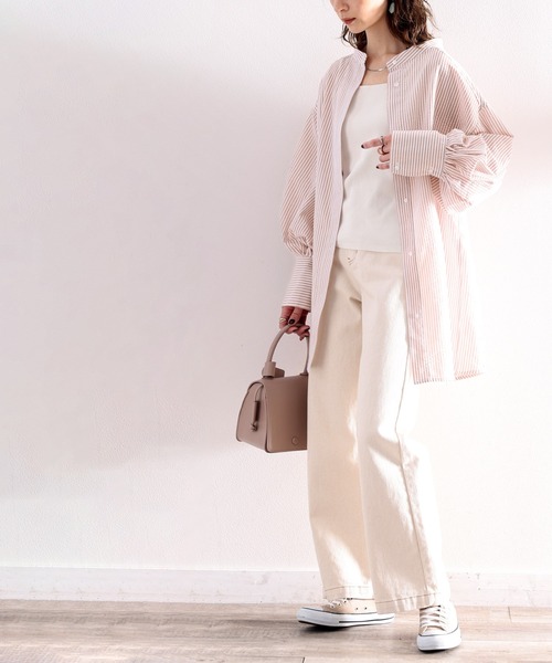 classicalelf（クラシカルエルフ）の「Happyストライプ。サッカー素材バンドカラーオーバーシャツ（シャツ/ブラウス・レディース・ピンクベージュ/グリーン/ネイビー・SMALL/MEDIUM/LARGE/X-LARGE）」の22枚目の写真