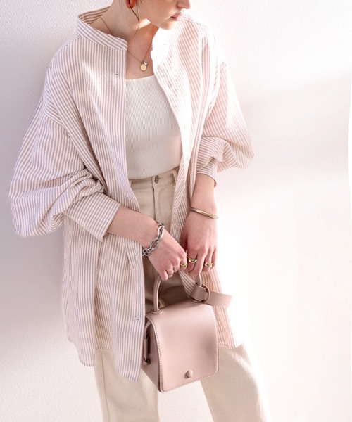 classicalelf（クラシカルエルフ）の「Happyストライプ。サッカー素材バンドカラーオーバーシャツ（シャツ/ブラウス・レディース・ピンクベージュ/グリーン/ネイビー・SMALL/MEDIUM/LARGE/X-LARGE）」の20枚目の写真