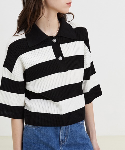 Fano Studios(ファノ ストゥディオズ)の「【Fano Studios】Polo collar striped sweater FX22S039(ポロシャツ・レディース・ブラック・S/L/M)」の6枚目の写真