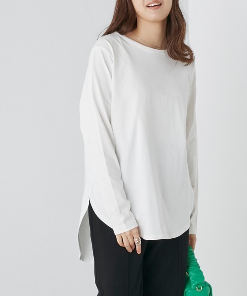 OMNES（オムネス）の「ラウンドヘムロングスリーブTシャツ（Tシャツ/カットソー・レディース・ホワイト/ライトグレー/ブラック/ピンク・FREE）」の9枚目の写真