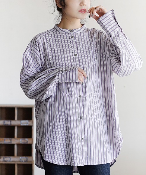 e-zakkamania stores（イーザッカマニアストアーズ）の「ランダムストライプ ブザムシャツ（シャツ/ブラウス・レディース・パープル/モカ・M）」の2枚目の写真