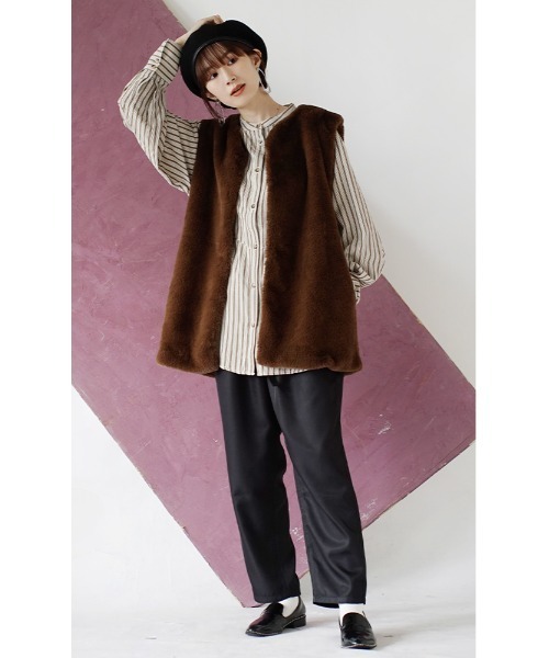 e-zakkamania stores（イーザッカマニアストアーズ）の「ランダムストライプ ブザムシャツ（シャツ/ブラウス・レディース・パープル/モカ・M）」の5枚目の写真