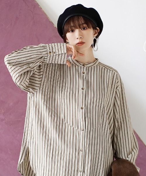 e-zakkamania stores（イーザッカマニアストアーズ）の「ランダムストライプ ブザムシャツ（シャツ/ブラウス・レディース・パープル/モカ・M）」の6枚目の写真