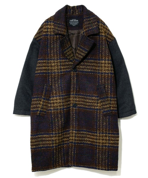 CUBE SUGAR(キューブシュガー)の「CUBE SUGAR/キューブシュガー チェック×ヘリンボーン チェスターCO(チェスターコート・レディース・ネイビー・FREE)」の1枚目の写真