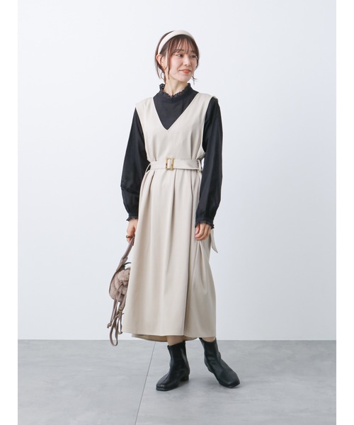 ehka sopo（エヘカソポ）の「Vネックベルト付ジャンスカ（ジャンパースカート・レディース・ベージュ/グリーン/ブラック・ﾌﾘ-）」の9枚目の写真