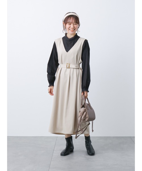 ehka sopo（エヘカソポ）の「Vネックベルト付ジャンスカ（ジャンパースカート・レディース・ベージュ/グリーン/ブラック・ﾌﾘ-）」の11枚目の写真