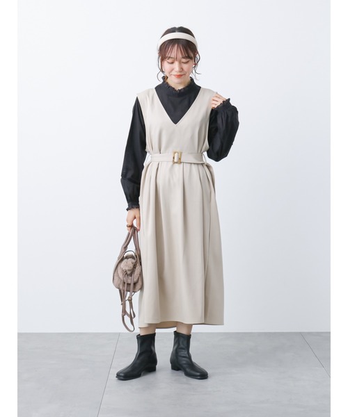 ehka sopo（エヘカソポ）の「Vネックベルト付ジャンスカ（ジャンパースカート・レディース・ベージュ/グリーン/ブラック・ﾌﾘ-）」の8枚目の写真