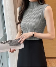 美人ニット ハイネックノースリーブニット ストレッチ ノースリーブ リブニット タイト トップス サマーニット ジャケット インナー レイヤード 春服 夏服 秋服