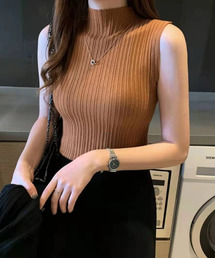 美人ニット ハイネックノースリーブニット ストレッチ ノースリーブ リブニット タイト トップス サマーニット ジャケット インナー レイヤード 春服 夏服 秋服