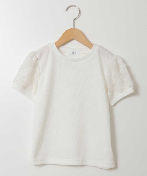 a.v.v（アーヴェヴェ）の「[100-130]【セットアップ対応】パフスリーブ異素材Ｔシャツ（Tシャツ/カットソー・キッズ・ブラック/ライトブルー/ホワイト・110/100/120/130）」の5枚目の写真