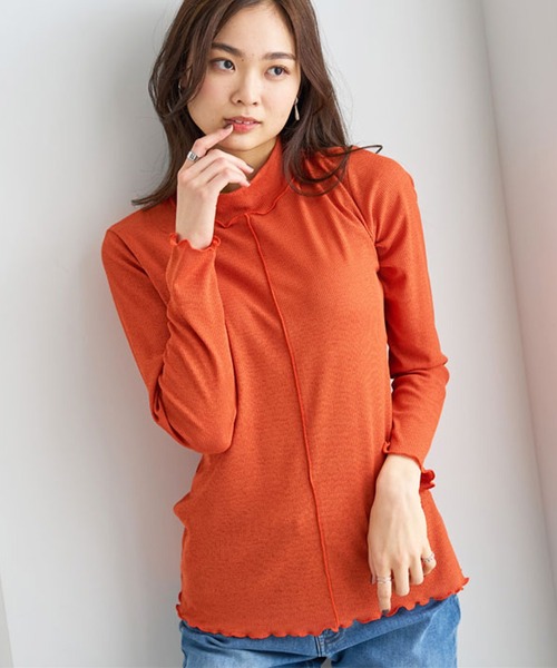 BELLUNA(ベルーナ)の「シアー楊柳素材ハイネックプルオーバー(Tシャツ/カットソー・レディース・ブラック/モカ/ブルー/オレンジ・MEDIUM/LARGE/X-LARGE)」の6枚目の写真