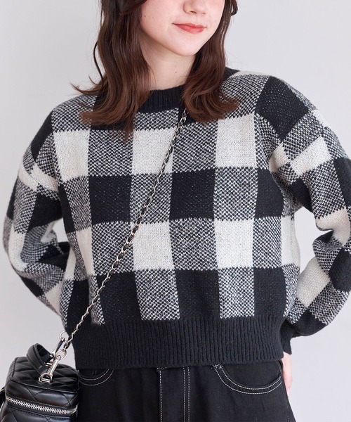 titty＆Co. PETIT（ティティアンドコープティ）の「【titty&Co.PETIT 】ブロックチェックニットトップス（ニット/セーター・レディース・ブラック/ブラウン・FREE）」の2枚目の写真