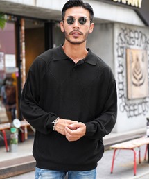 ジオメトロ柄 長袖 ニットポロシャツ