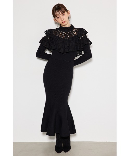 リエンダ　シャツレイヤードコンビマーメイドニットワンピース　ブラック セール】レースコンビマーメイドニットワンピース 春服（ワンピース