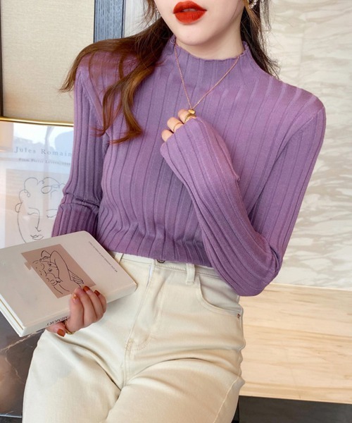 Miniministore(ミニミニストア)の「リブニットトップス プチハイネック(ニット/セーター・レディース・ライトグリーン/アイボリー/イエロー/ホワイト/ブラック/パープル/ダークベージュ/サーモンピンク/ブルー/グレー/ピンク/オレンジ/ダークグリーン・フリー)」の9枚目の写真