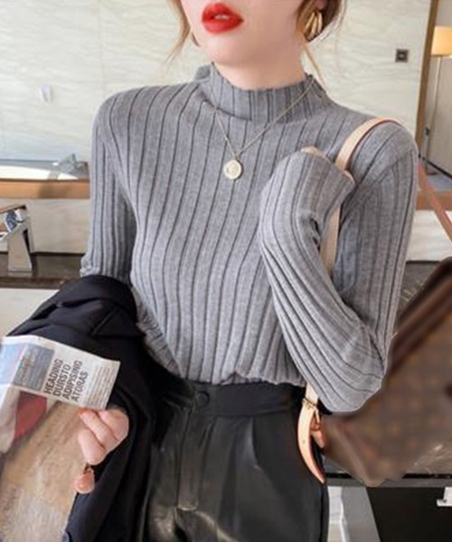 Miniministore(ミニミニストア)の「リブニットトップス プチハイネック(ニット/セーター・レディース・ライトグリーン/アイボリー/イエロー/ホワイト/ブラック/パープル/ダークベージュ/サーモンピンク/ブルー/グレー/ピンク/オレンジ/ダークグリーン・フリー)」の5枚目の写真
