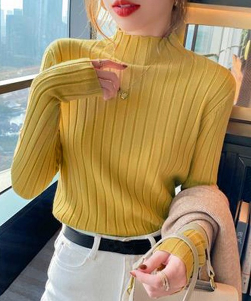 Miniministore(ミニミニストア)の「リブニットトップス プチハイネック(ニット/セーター・レディース・ライトグリーン/アイボリー/イエロー/ホワイト/ブラック/パープル/ダークベージュ/サーモンピンク/ブルー/グレー/ピンク/オレンジ/ダークグリーン・フリー)」の10枚目の写真