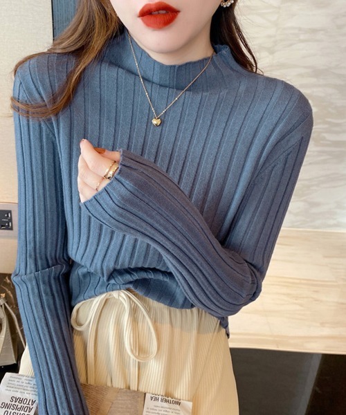 Miniministore(ミニミニストア)の「リブニットトップス プチハイネック(ニット/セーター・レディース・ライトグリーン/アイボリー/イエロー/ホワイト/ブラック/パープル/ダークベージュ/サーモンピンク/ブルー/グレー/ピンク/オレンジ/ダークグリーン・フリー)」の8枚目の写真