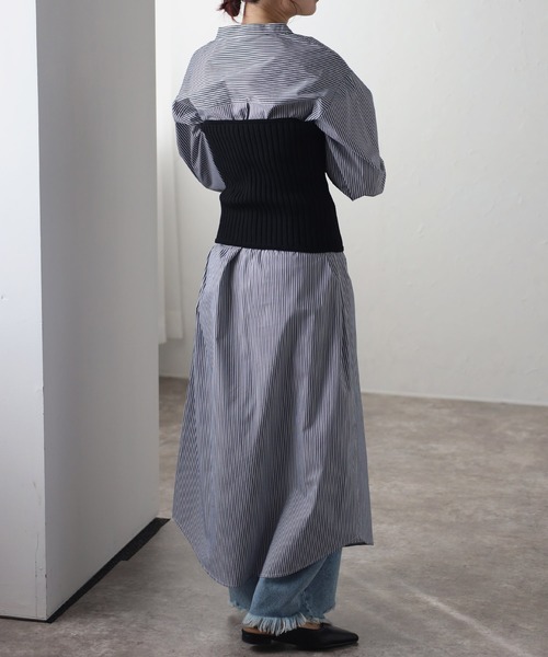 セール】キーネックストライプシャツワンピース（ワンピース