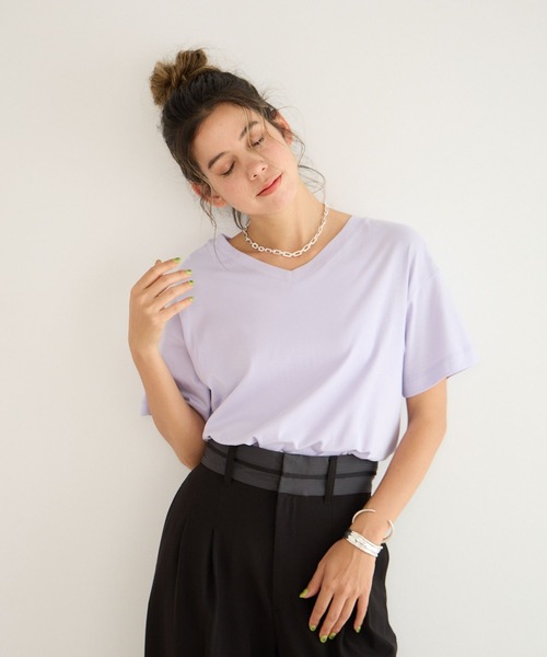 BAYFLOW(ベイフロー)の「VネックシルケットT(Tシャツ/カットソー・レディース・ラベンダー/ブルー/ブラック/オフホワイト/グレイッシュベージュ・X-SMALL/LARGE/MEDIUM/SMALL)」の1枚目の写真