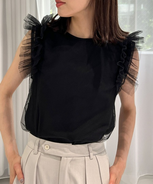 MUVEIL ミュベール　パックフリルTシャツ　半袖カットソー　フリルチュニック MUVEIL シアーフリルTシャツ | KOKO