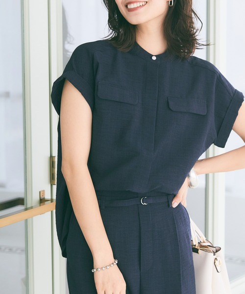 CROSS FUNCTION（クロスファンクション）の「《洗える・シワになりにくい・UVカット・接触冷感》サマナチュラバンドカラーブラウス【CF/クロスファンクション】（シャツ/ブラウス・レディース・モカ/ネイビー/ピンク/ライトベージュ/ライトブルー/チャコールグレー/ダークベージュ/ペールイエロー/ダークオレンジ/ブルー/ライトイエロー/ミント/カーキ・S/M/L/LL）」の8枚目の写真