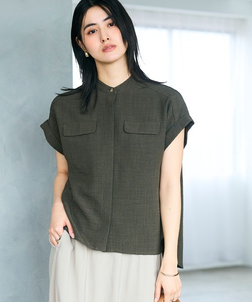 CROSS FUNCTION（クロスファンクション）の「《洗える・シワになりにくい・UVカット・接触冷感》サマナチュラバンドカラーブラウス【CF/クロスファンクション】（シャツ/ブラウス・レディース・モカ/ネイビー/ピンク/ライトベージュ/ライトブルー/チャコールグレー/ダークベージュ/ペールイエロー/ダークオレンジ/ブルー/ライトイエロー/ミント/カーキ・S/M/L/LL）」の5枚目の写真