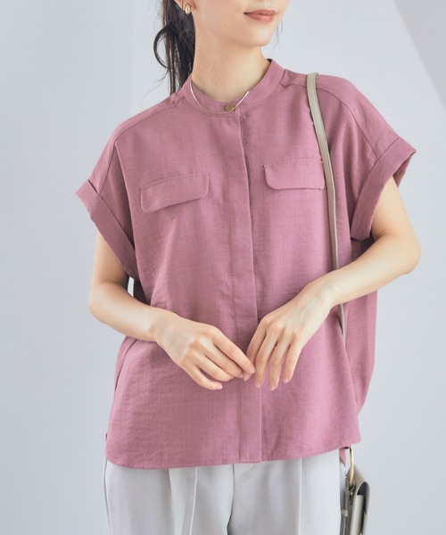 CROSS FUNCTION（クロスファンクション）の「《洗える・シワになりにくい・UVカット・接触冷感》サマナチュラバンドカラーブラウス【CF/クロスファンクション】（シャツ/ブラウス・レディース・モカ/ネイビー/ピンク/ライトベージュ/ライトブルー/チャコールグレー/ダークベージュ/ペールイエロー/ダークオレンジ/ブルー/ライトイエロー/ミント/カーキ・S/M/L/LL）」の12枚目の写真