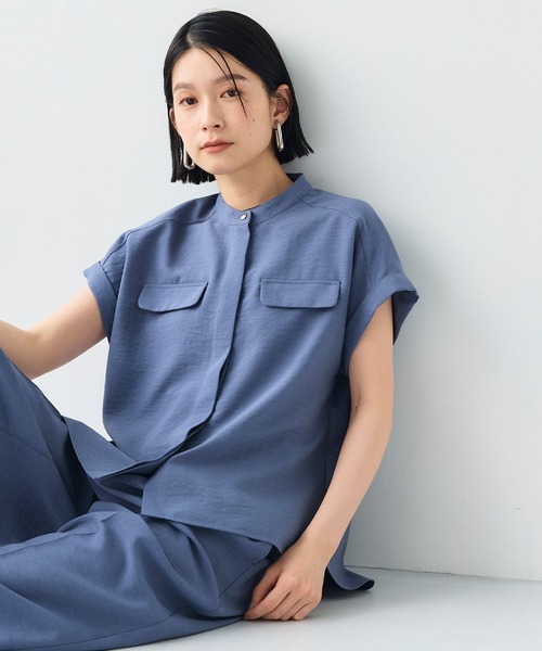 CROSS FUNCTION（クロスファンクション）の「《洗える・シワになりにくい・UVカット・接触冷感》サマナチュラバンドカラーブラウス【CF/クロスファンクション】（シャツ/ブラウス・レディース・モカ/ネイビー/ピンク/ライトベージュ/ライトブルー/チャコールグレー/ダークベージュ/ペールイエロー/ダークオレンジ/ブルー/ライトイエロー/ミント/カーキ・S/M/L/LL）」の9枚目の写真