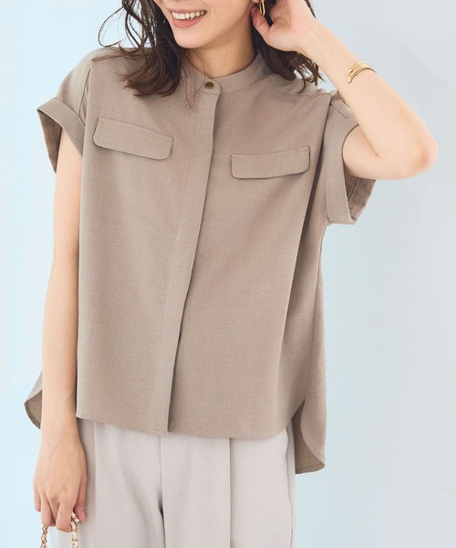 CROSS FUNCTION（クロスファンクション）の「《洗える・シワになりにくい・UVカット・接触冷感》サマナチュラバンドカラーブラウス【CF/クロスファンクション】（シャツ/ブラウス・レディース・モカ/ネイビー/ピンク/ライトベージュ/ライトブルー/チャコールグレー/ダークベージュ/ペールイエロー/ダークオレンジ/ブルー/ライトイエロー/ミント/カーキ・S/M/L/LL）」の4枚目の写真