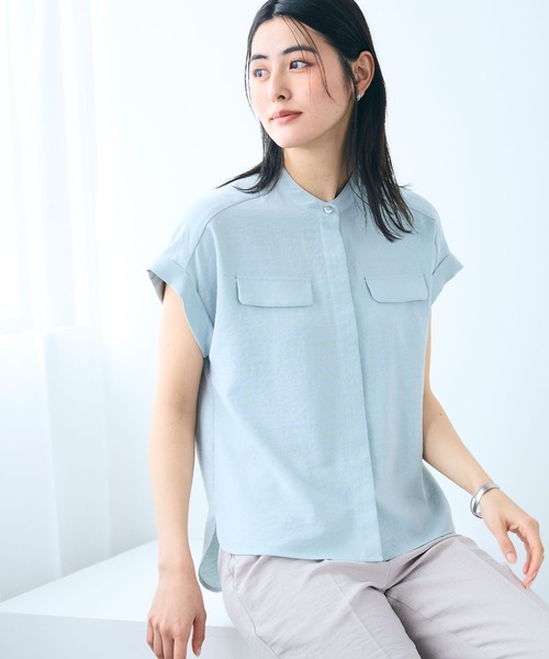 CROSS FUNCTION（クロスファンクション）の「《洗える・シワになりにくい・UVカット・接触冷感》サマナチュラバンドカラーブラウス【CF/クロスファンクション】（シャツ/ブラウス・レディース・モカ/ネイビー/ピンク/ライトベージュ/ライトブルー/チャコールグレー/ダークベージュ/ペールイエロー/ダークオレンジ/ブルー/ライトイエロー/ミント/カーキ・S/M/L/LL）」の6枚目の写真