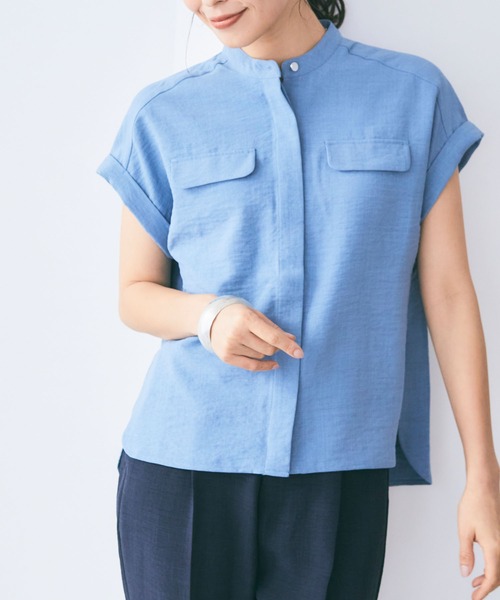 CROSS FUNCTION（クロスファンクション）の「《洗える・シワになりにくい・UVカット・接触冷感》サマナチュラバンドカラーブラウス【CF/クロスファンクション】（シャツ/ブラウス・レディース・モカ/ネイビー/ピンク/ライトベージュ/ライトブルー/チャコールグレー/ダークベージュ/ペールイエロー/ダークオレンジ/ブルー/ライトイエロー/ミント/カーキ・S/M/L/LL）」の7枚目の写真