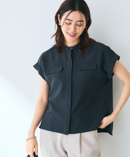 CROSS FUNCTION（クロスファンクション）の「《洗える・シワになりにくい・UVカット・接触冷感》サマナチュラバンドカラーブラウス【CF/クロスファンクション】（シャツ/ブラウス・レディース・モカ/ネイビー/ピンク/ライトベージュ/ライトブルー/チャコールグレー/ダークベージュ/ペールイエロー/ダークオレンジ/ブルー/ライトイエロー/ミント/カーキ・S/M/L/LL）」の14枚目の写真