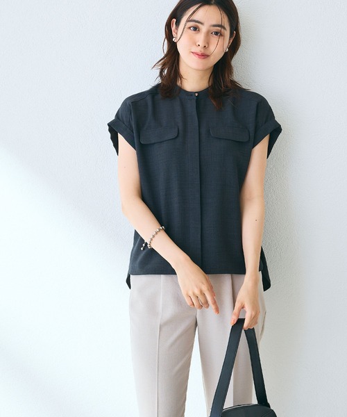 CROSS FUNCTION（クロスファンクション）の「《洗える・シワになりにくい・UVカット・接触冷感》サマナチュラバンドカラーブラウス【CF/クロスファンクション】（シャツ/ブラウス・レディース・モカ/ネイビー/ピンク/ライトベージュ/ライトブルー/チャコールグレー/ダークベージュ/ペールイエロー/ダークオレンジ/ブルー/ライトイエロー/ミント/カーキ・S/M/L/LL）」の15枚目の写真